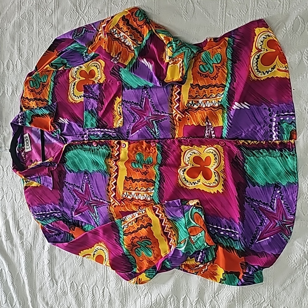 VTG blouse top multi colored print button-down oversized sz 2X/3X 90s style